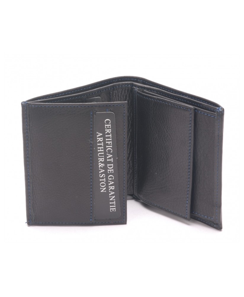 Porte cartes et porte monnaie noir fil bleu Pablo - Arthur&Aston